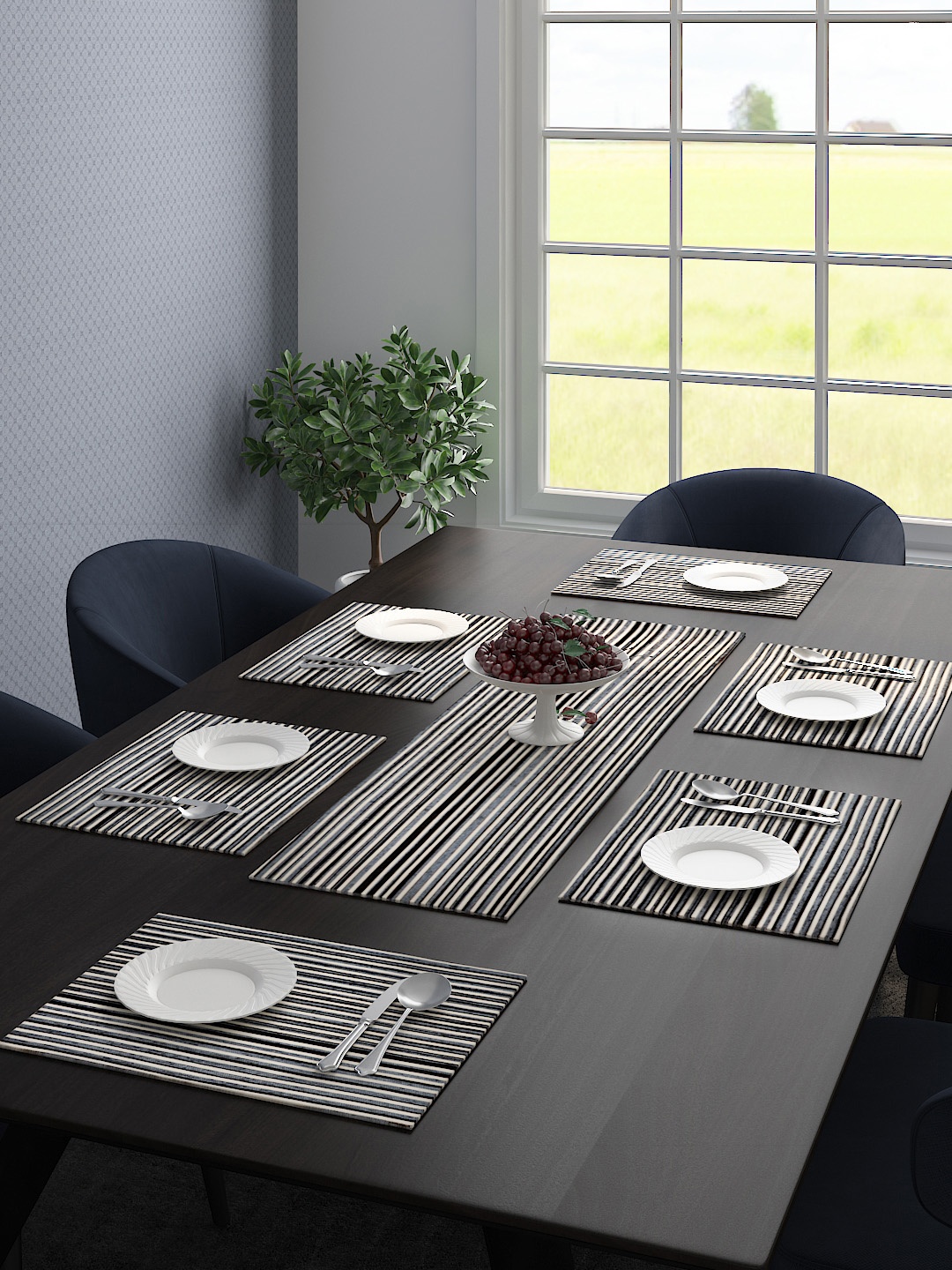 

Saral Home Set Of 6 Striped Table Placemats & 1 Runner, Grey