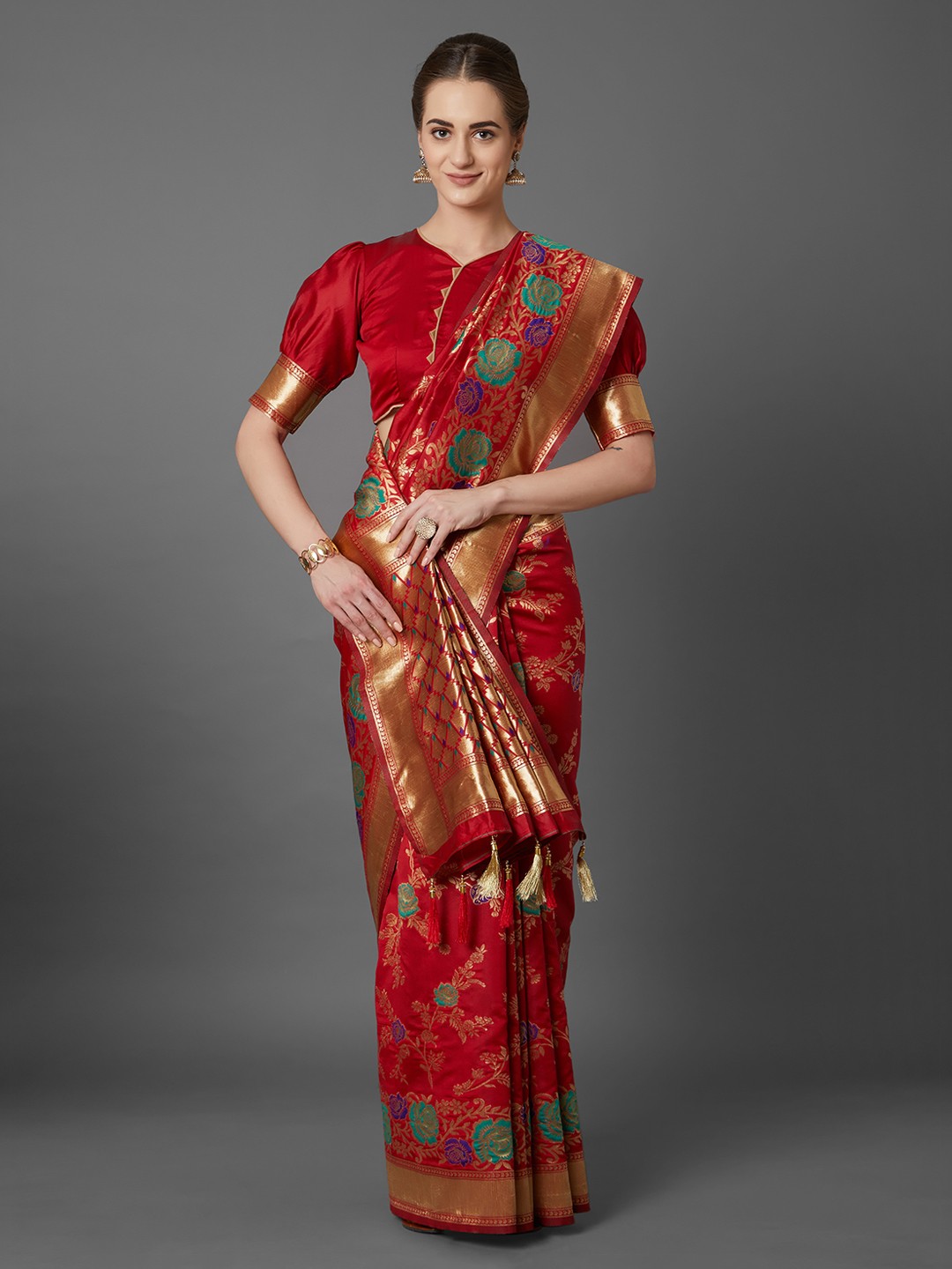

Mitera Red Silk Blend Woven Design Kanjeevaram Saree