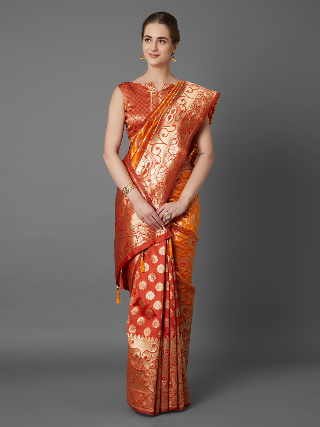 

Mitera Orange Silk Blend Woven Design Kanjeevaram Saree