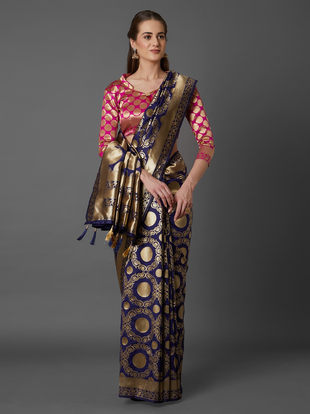 Mitera Navy Blue Silk Blend Woven Design Kanjeevaram Saree