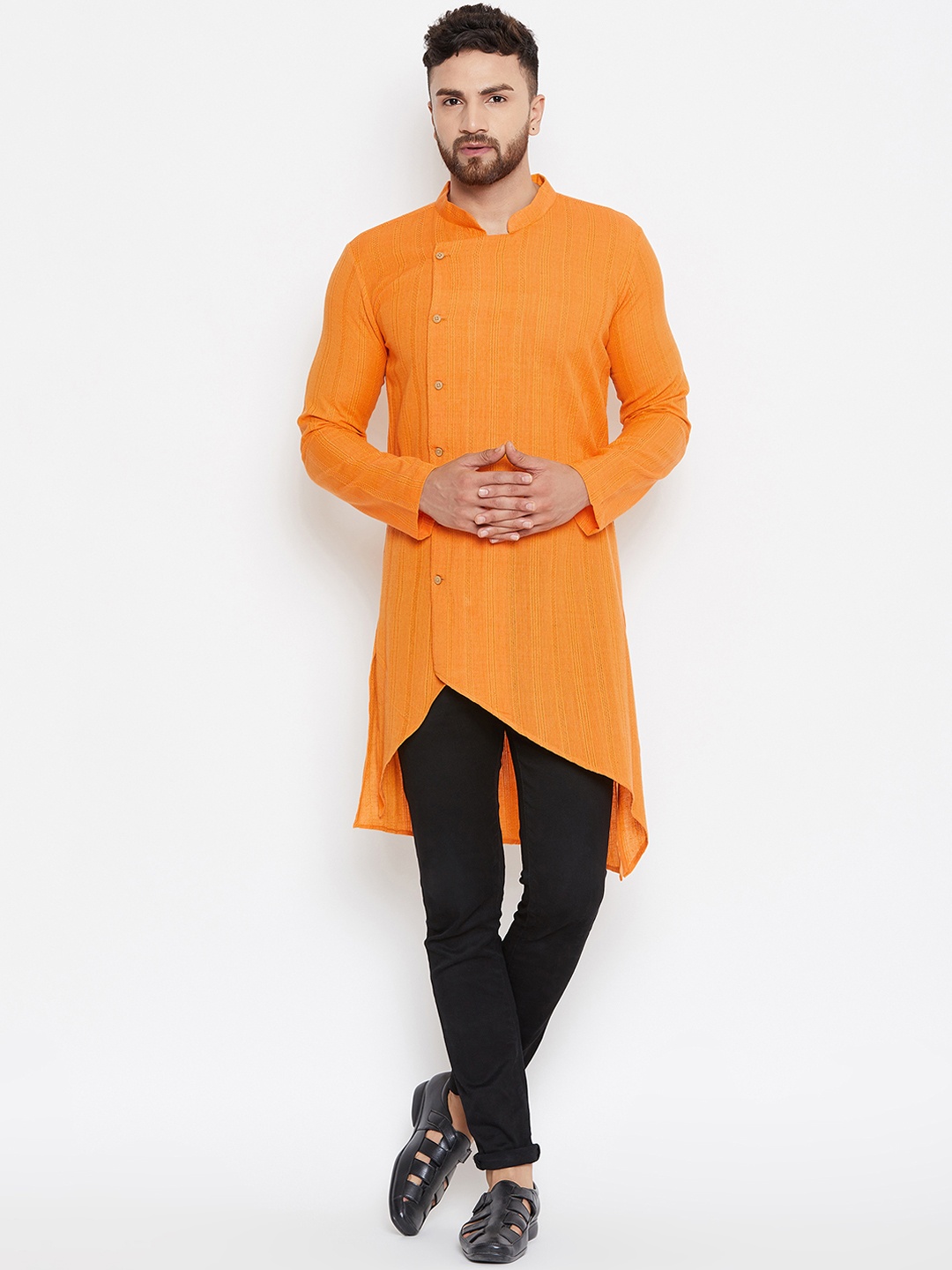 

even Men Yellow Woven Design Straight Kurta