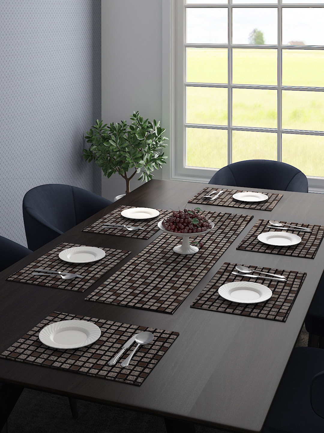 

Saral Home Set Of 6 Printed Table Placemats & 1 Runner, Grey