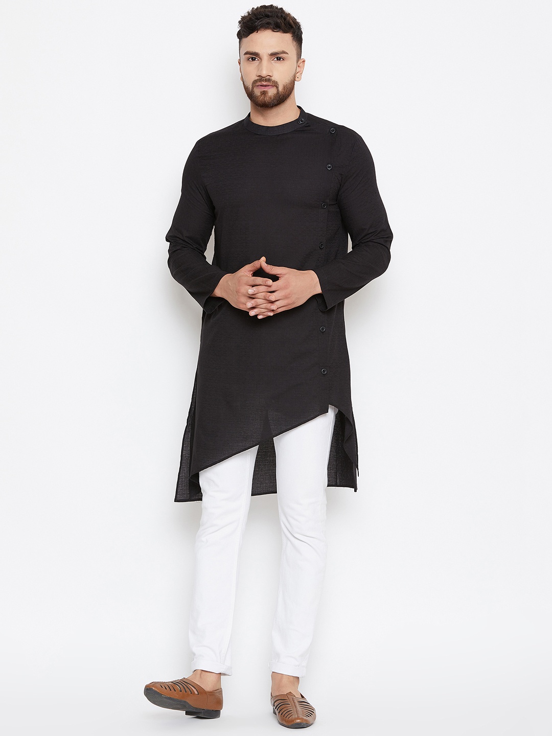

even Men Black Solid Straight Kurta