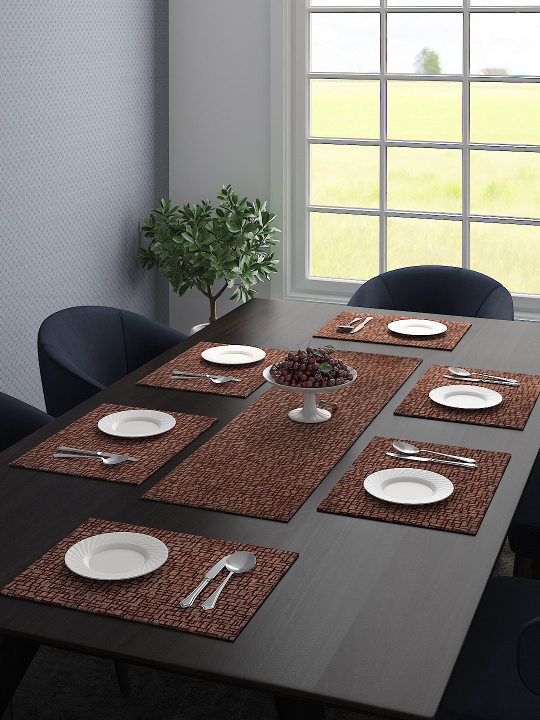 Saral Home Set Of 6 Brown Printed Table Placemats & 1 Runner