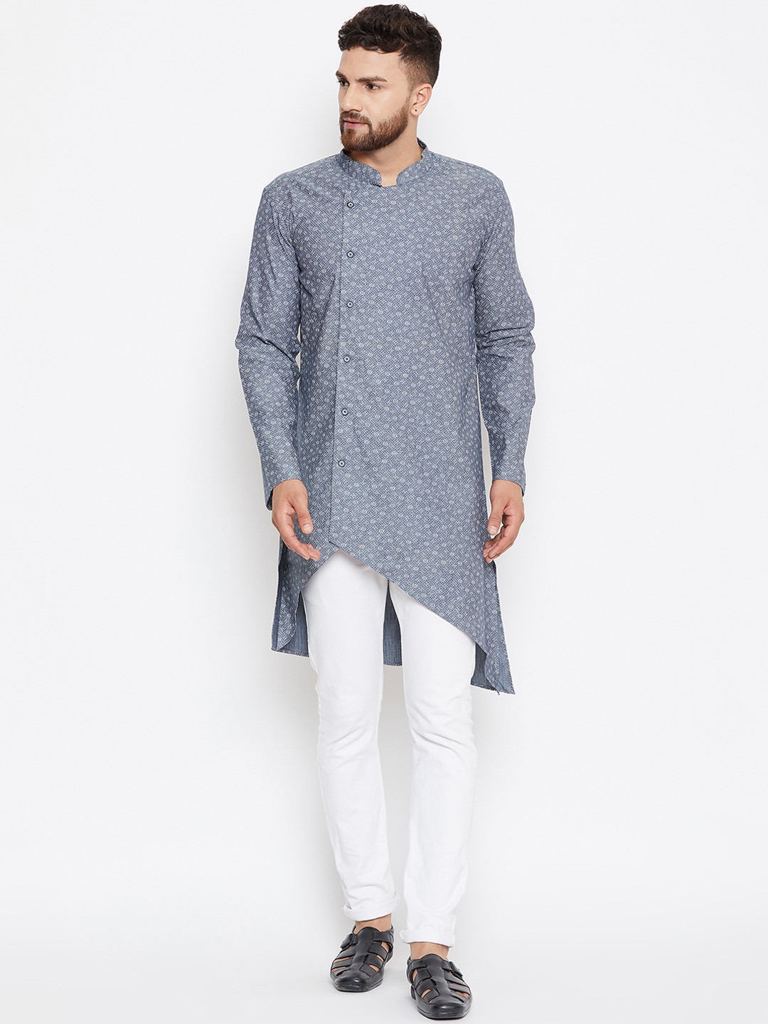 

even Men Grey Printed Straight Asymmetric Kurta