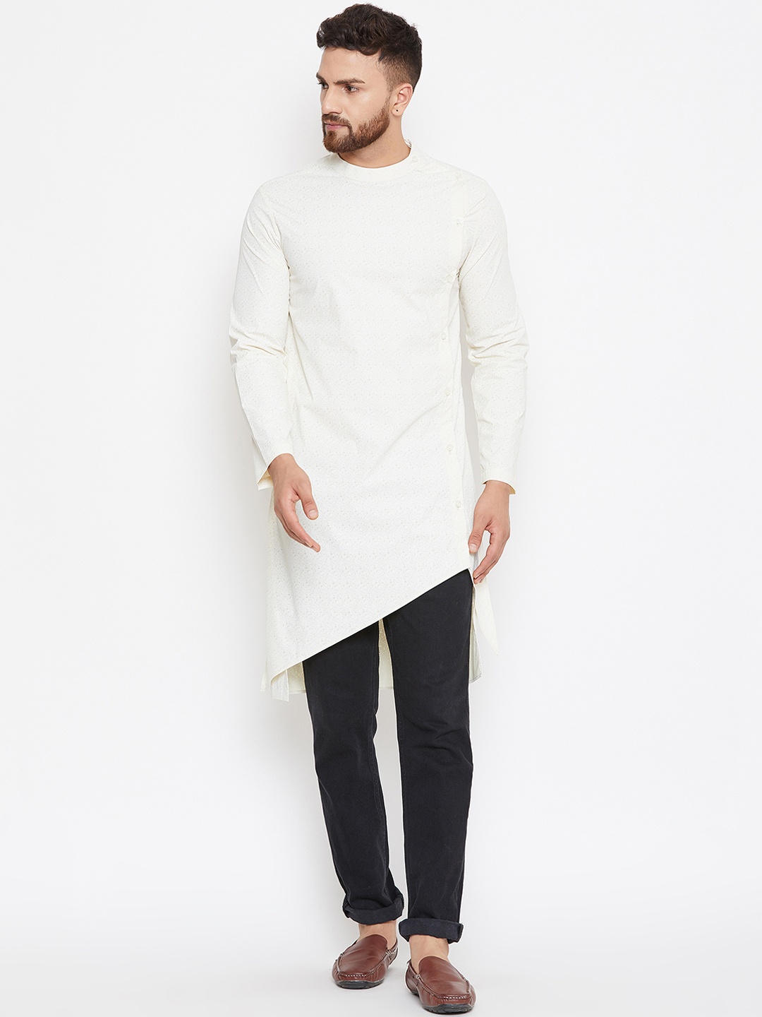 even Men Off-White Printed Straight Kurta