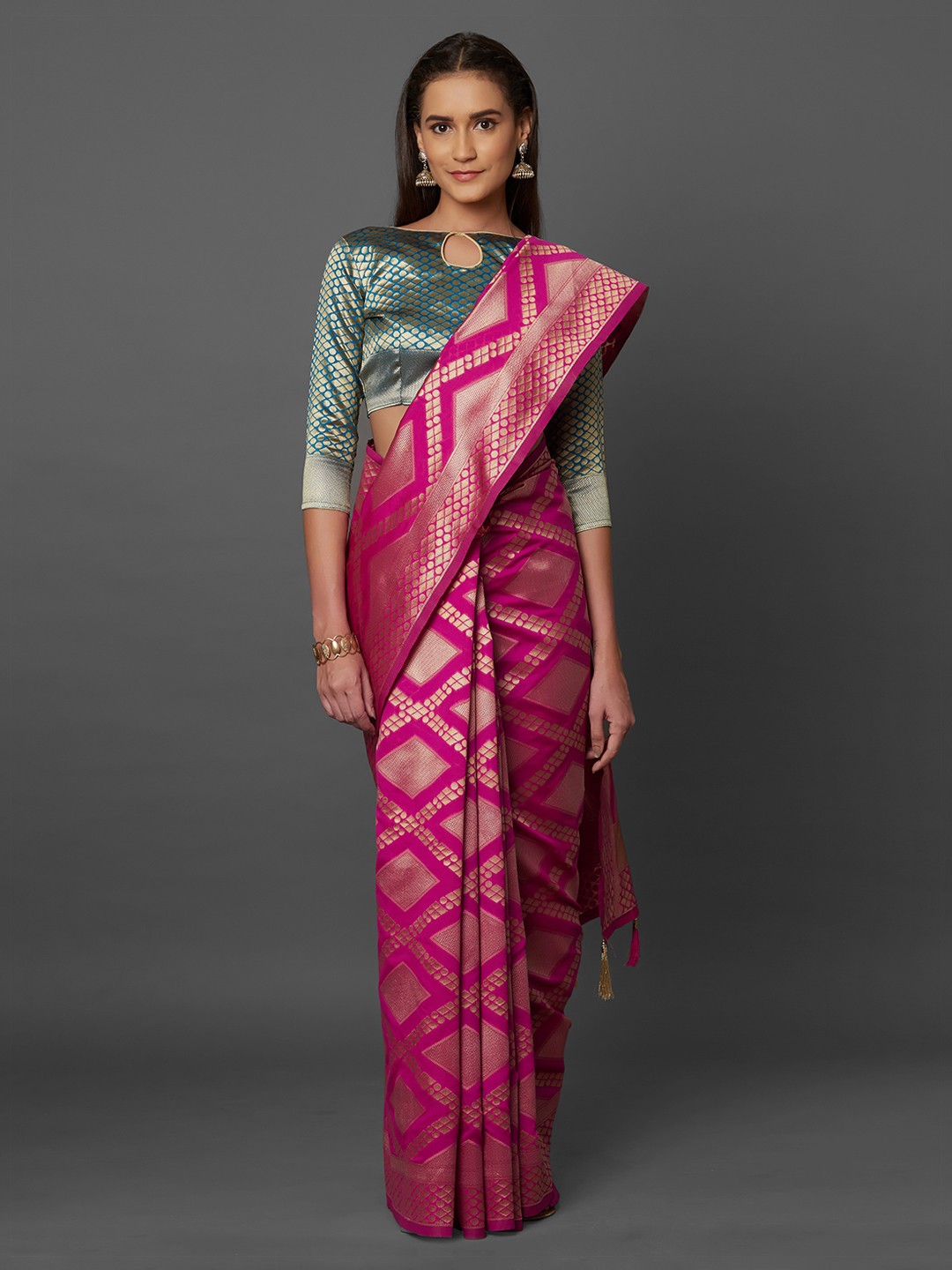 Mitera Pink & Gold-Toned Silk Blend Woven Design Kanjeevaram Saree