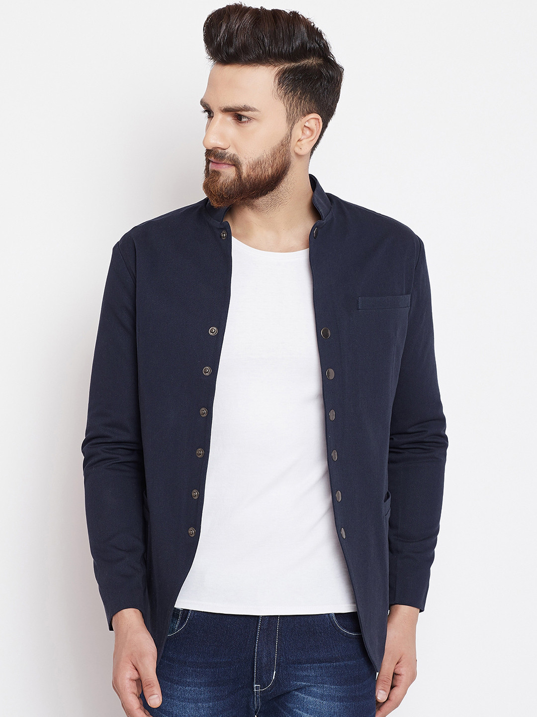 

CHILL WINSTON Men Navy Blue Solid Regular-Fit Pure Cotton Bandhgala