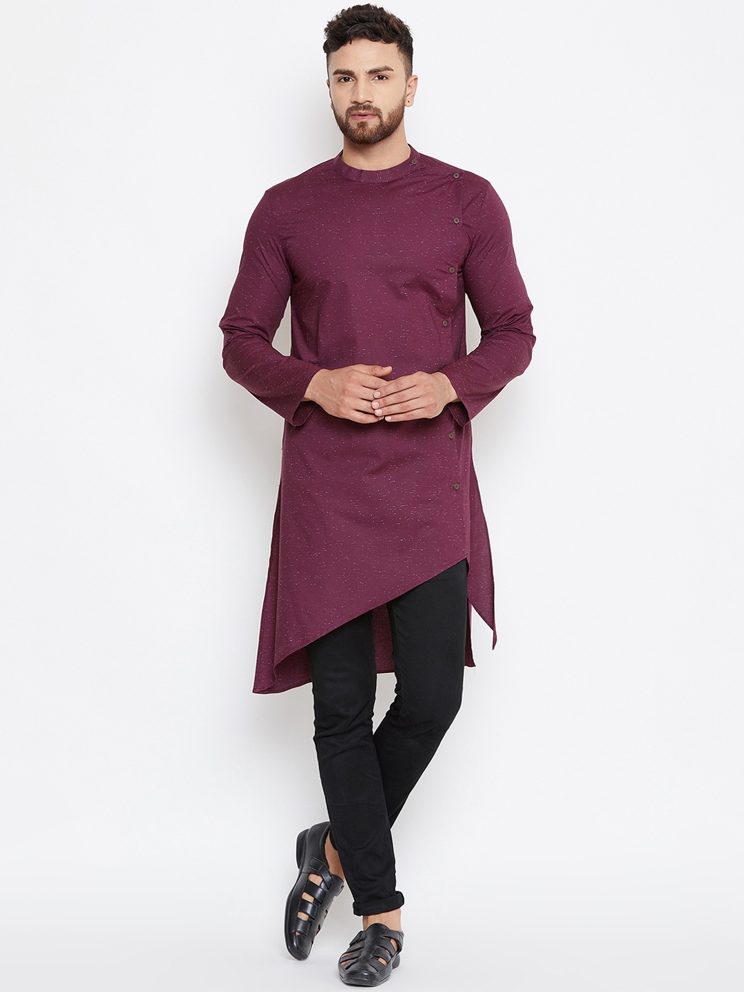 

even Men Maroon Printed Straight Asymmetric Kurta