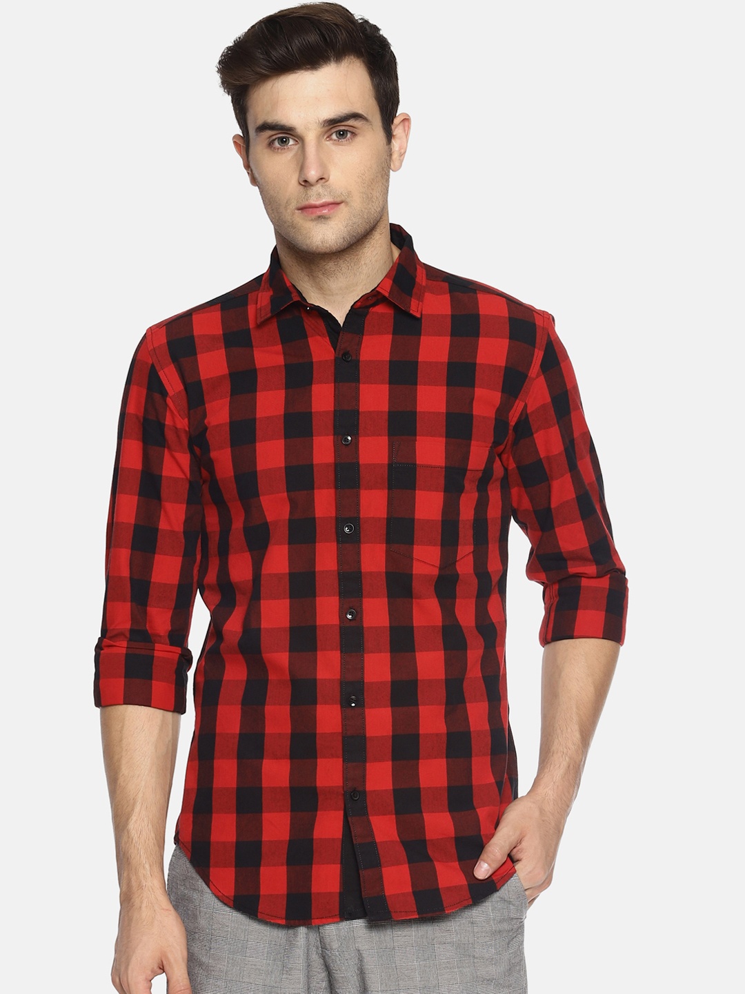 

IVOC Men Red Slim Fit Checked Casual Shirt