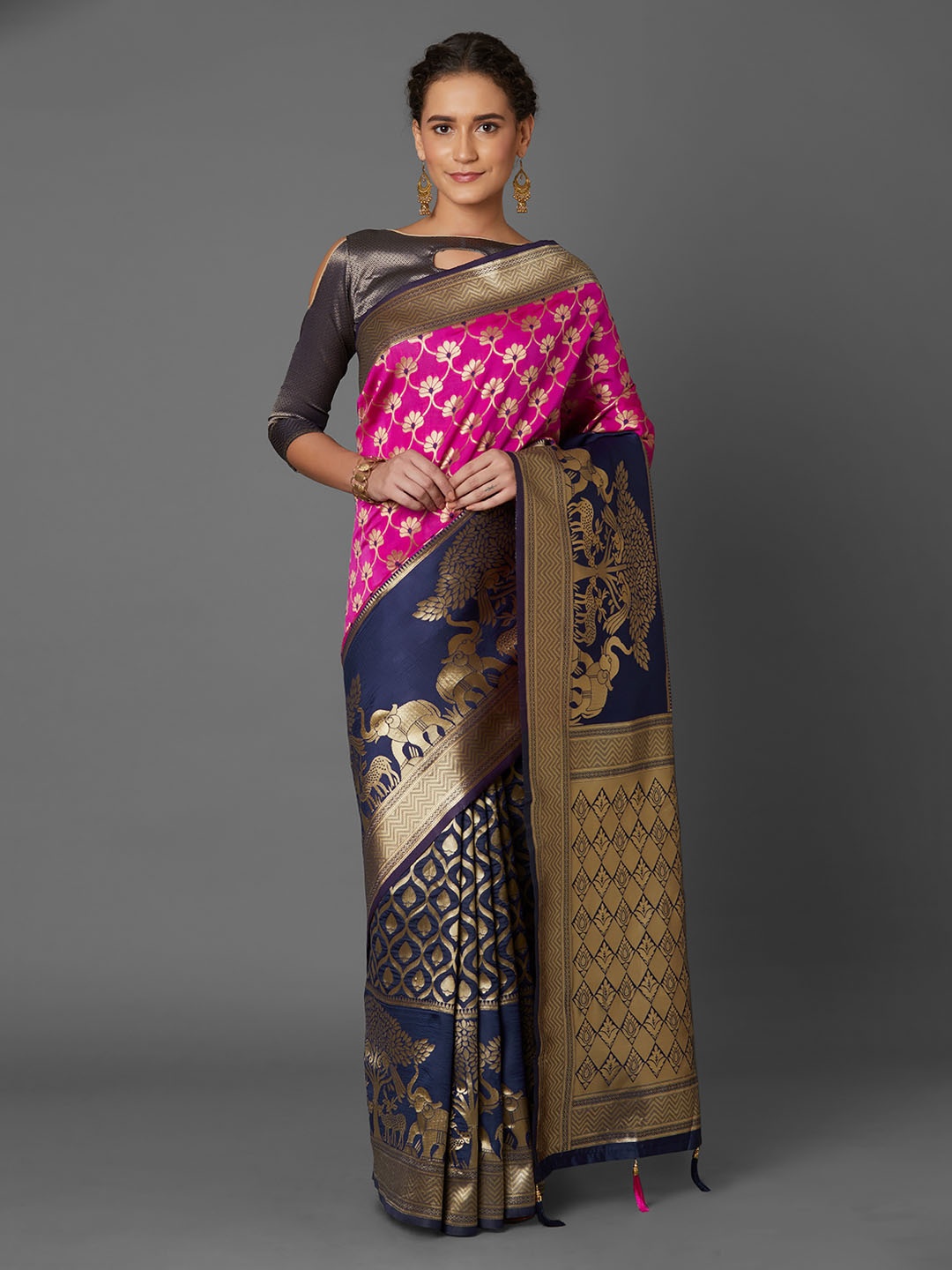 

Mitera Pink & Navy Blue Silk Blend Woven Design Kanjeevaram Saree