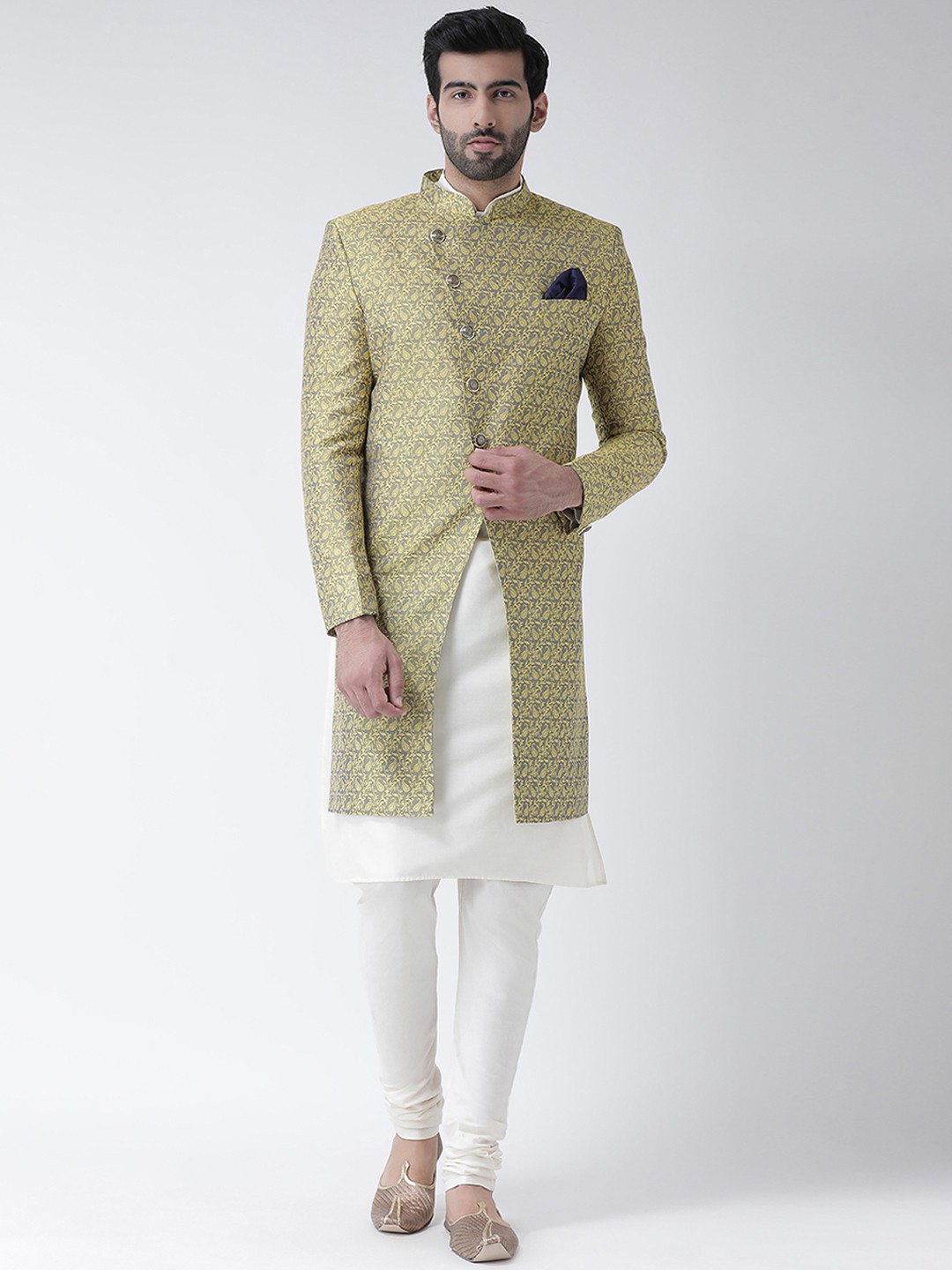

KISAH Men Printed Indowestern Sherwani Set, Yellow