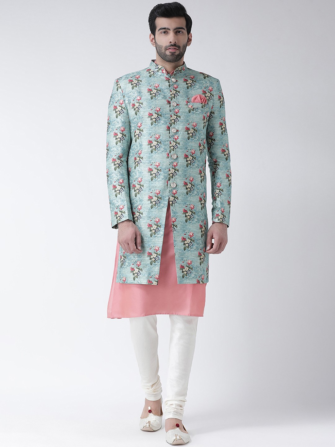 

KISAH Men Floral Printed Kurta Indowestern Sherwani Set, Blue