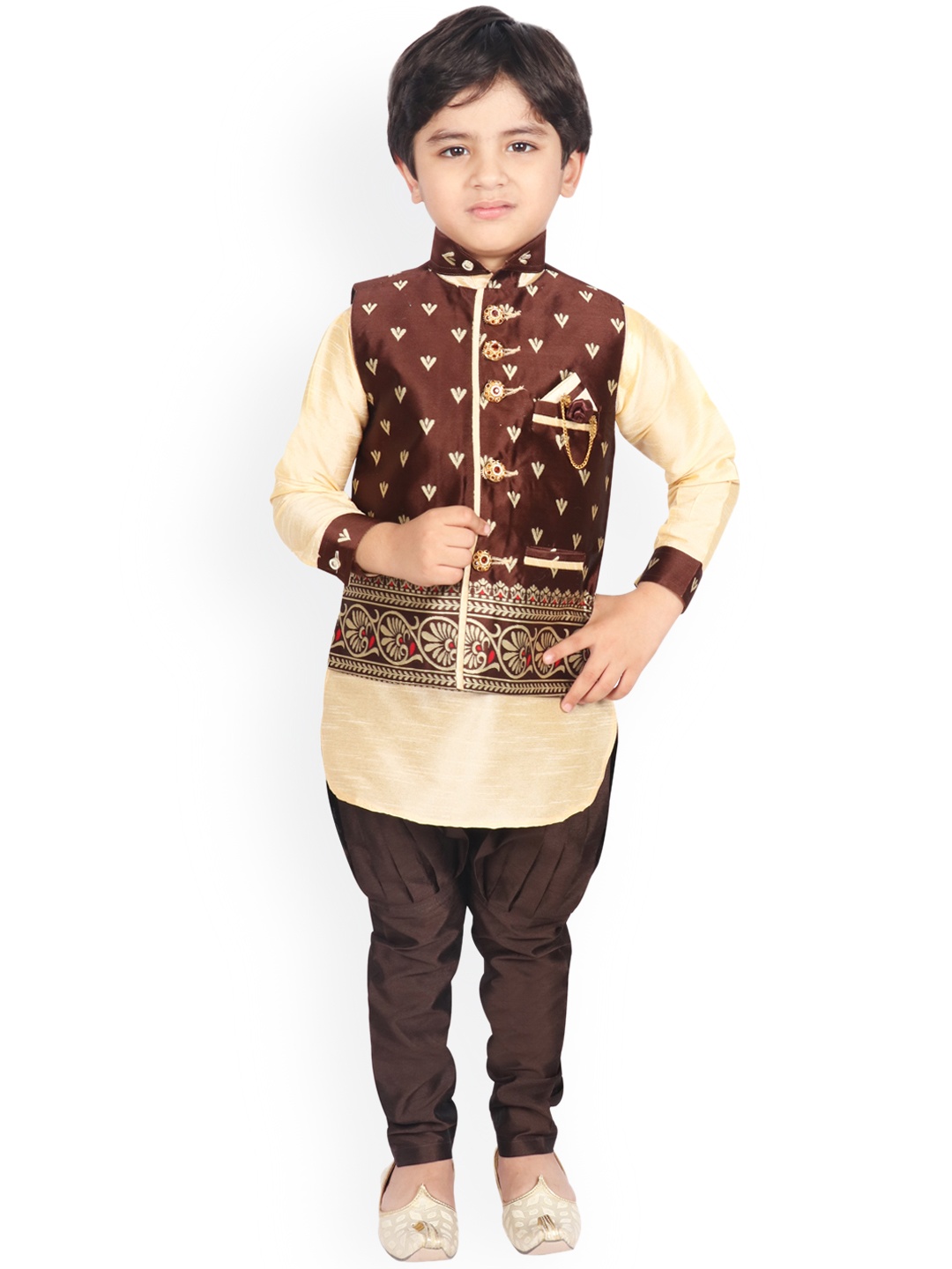 

SG YUVRAJ Boys Coffee Brown & Beige Self Design Kurta with Pyjamas