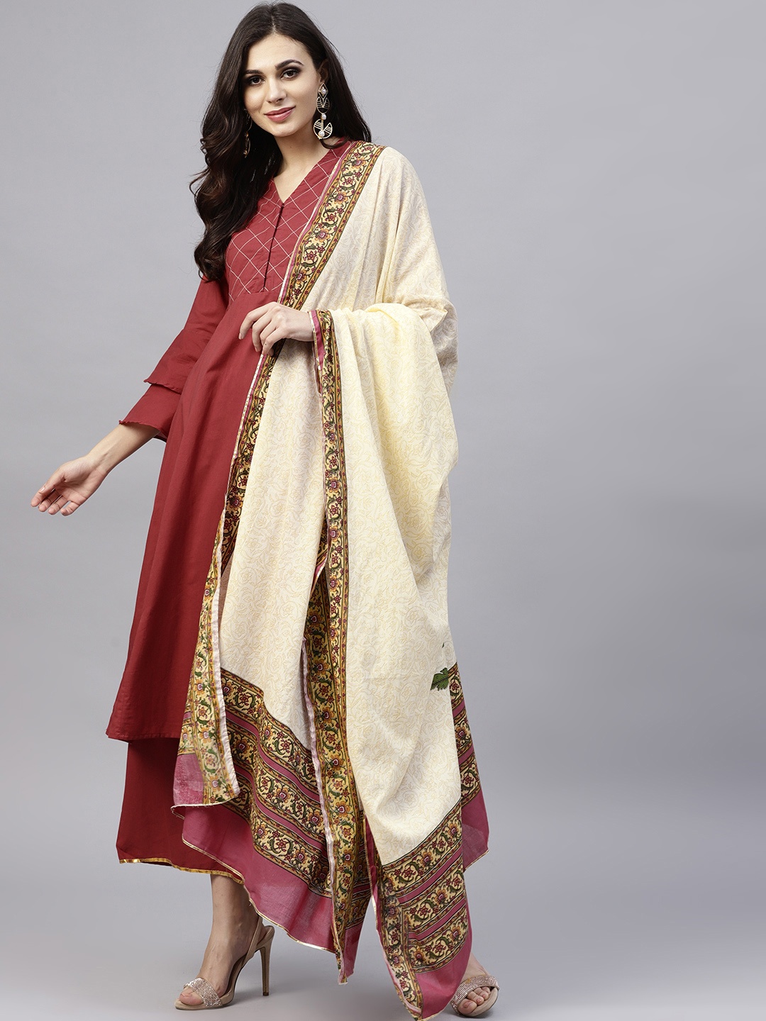 

Bhama Couture Women Maroon Solid Kurta with Palazzos & Dupatta
