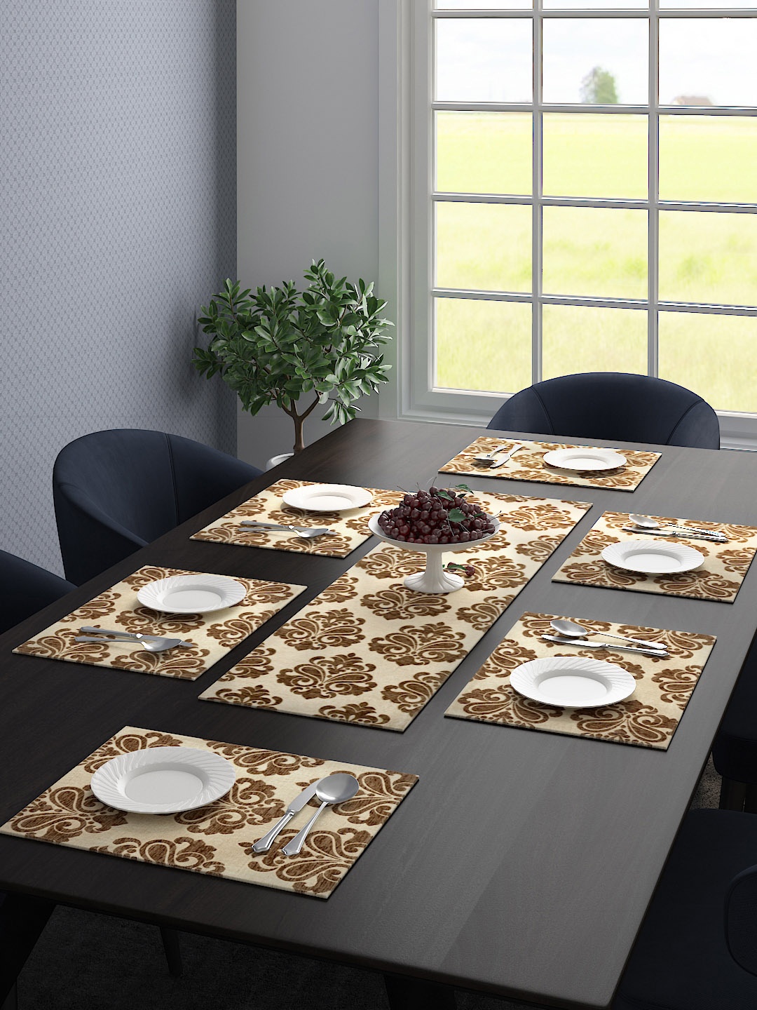 

Saral Home Set Of 6 Printed Table Placemats & 1 Runner, Beige