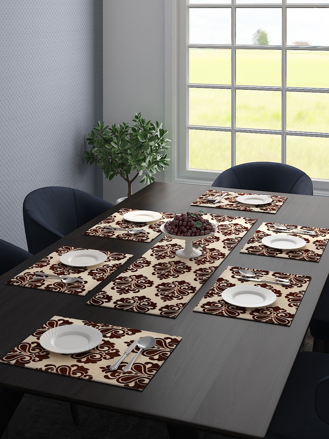 

Saral Home Set Of 6 Printed Table Placemats & 1 Runner, Brown