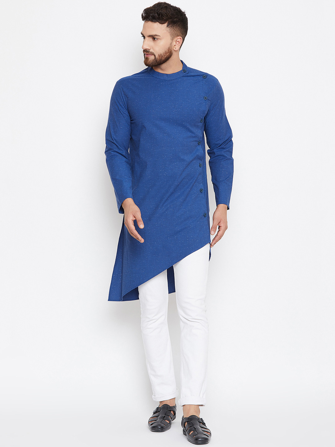 

even Men Blue Woven Design Asymmetric Straight Kurta