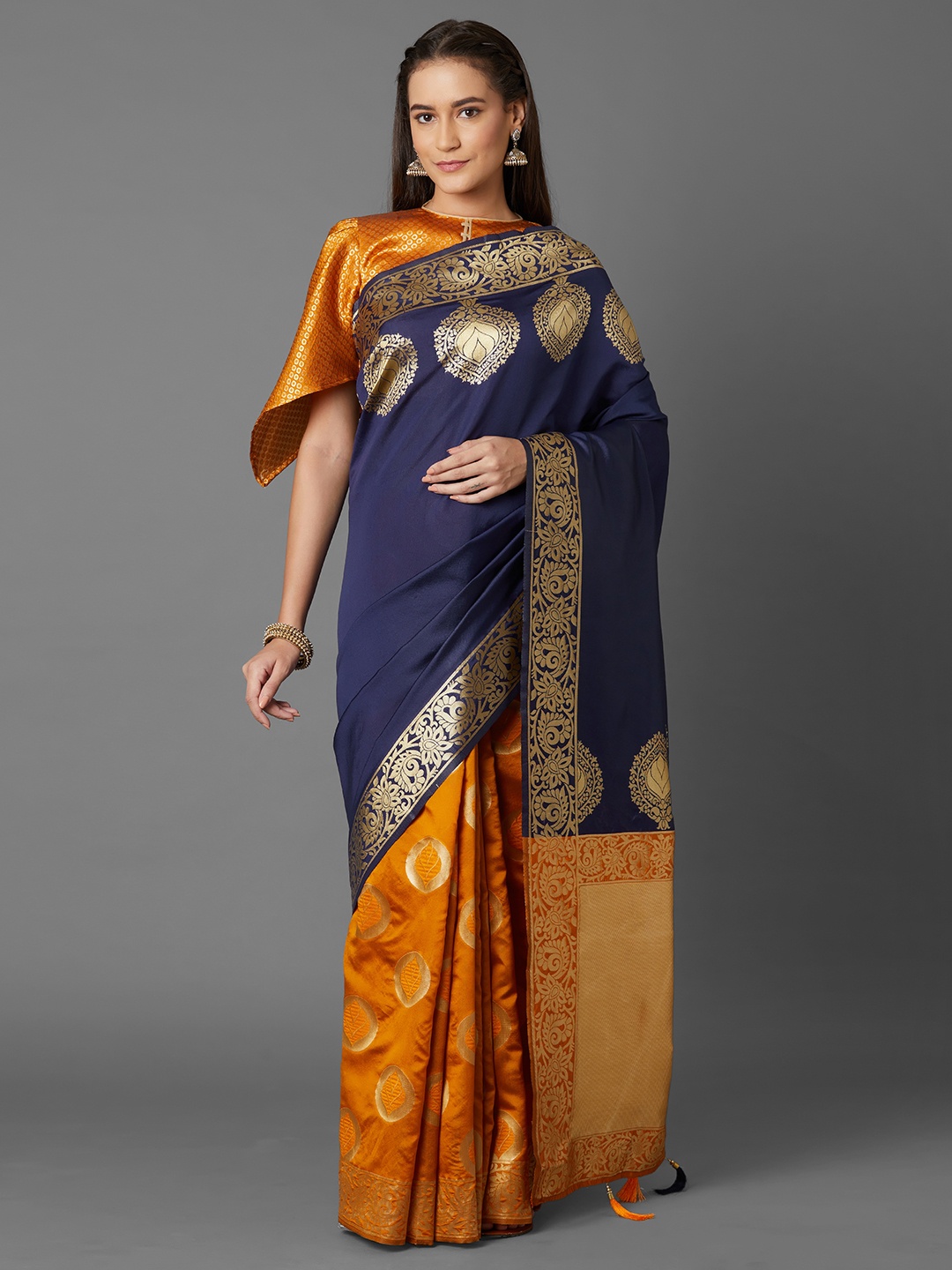 

Mitera Navy Blue & Yellow Silk Blend Woven Design Kanjeevaram Saree