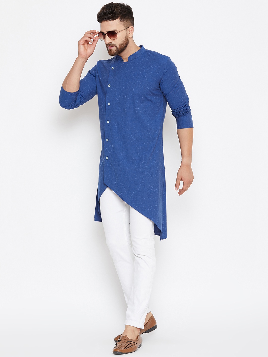 even Men Blue Solid Asymmetric Straight Kurta