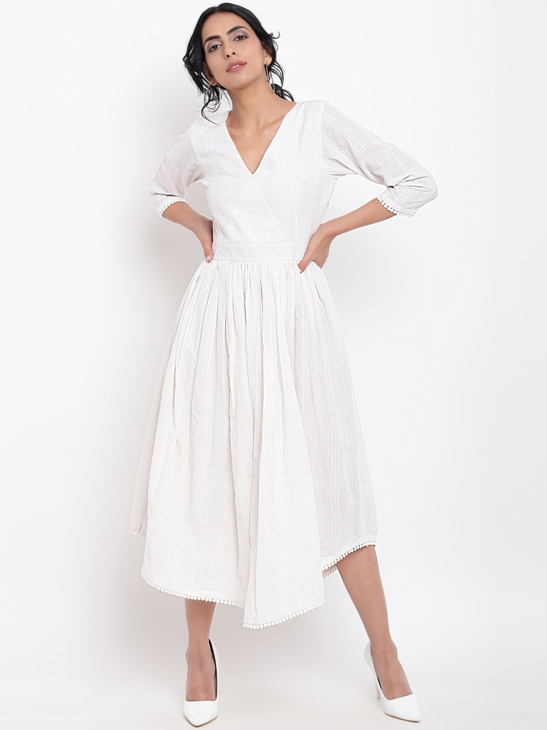

trueBrowns Women White Self Design Fit and Flare Dress