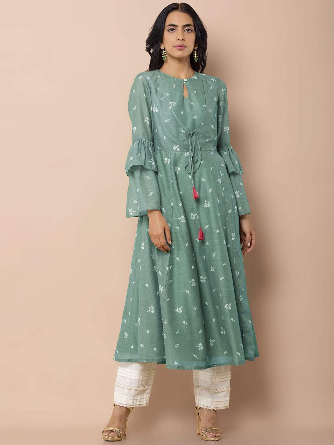 

INDYA Women Green Printed A-Line Kurta