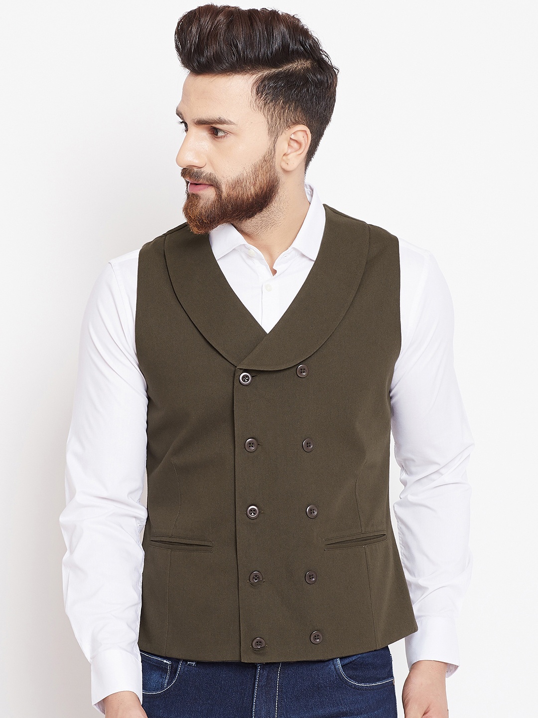 

CHILL WINSTON Men Olive Brown Solid Waistcoat
