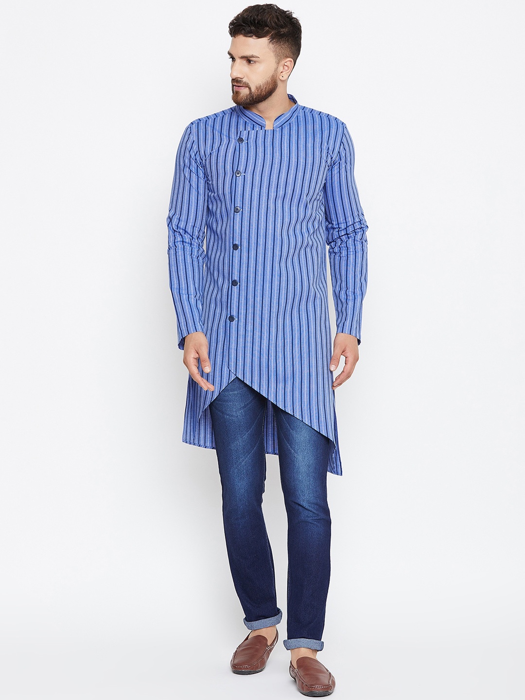 

even Men Blue & White Striped Asymmetric Straight Kurta