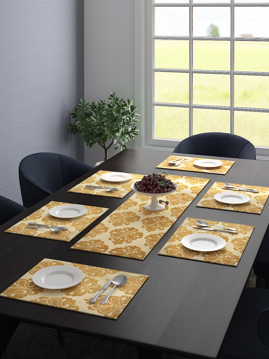 

Saral Home Set Of 6 Printed Table Placemats & 1 Runner, Beige