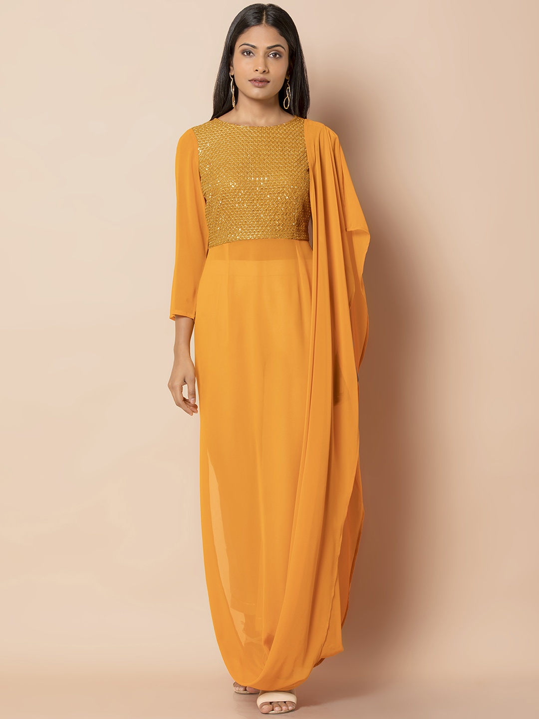 

INDYA Women Mustard Yellow Yoke Design Straight Kurta with Attached Dupatta
