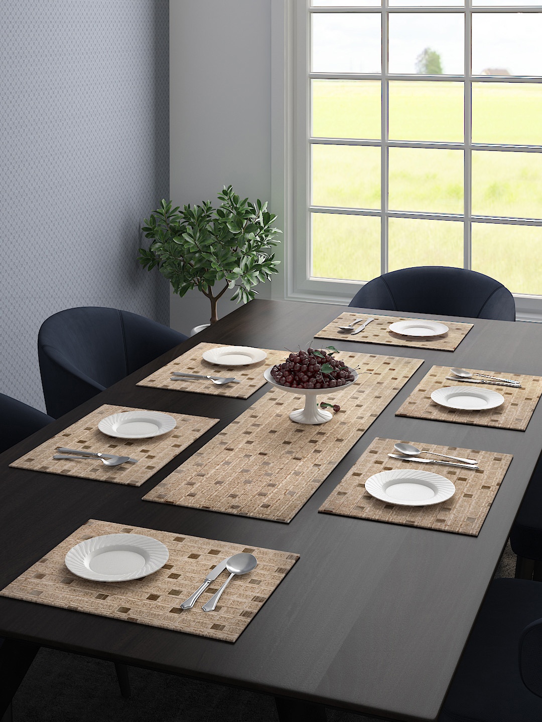 Saral Home Set Of 6 Printed Table Placemats & 1 Runner, Beige