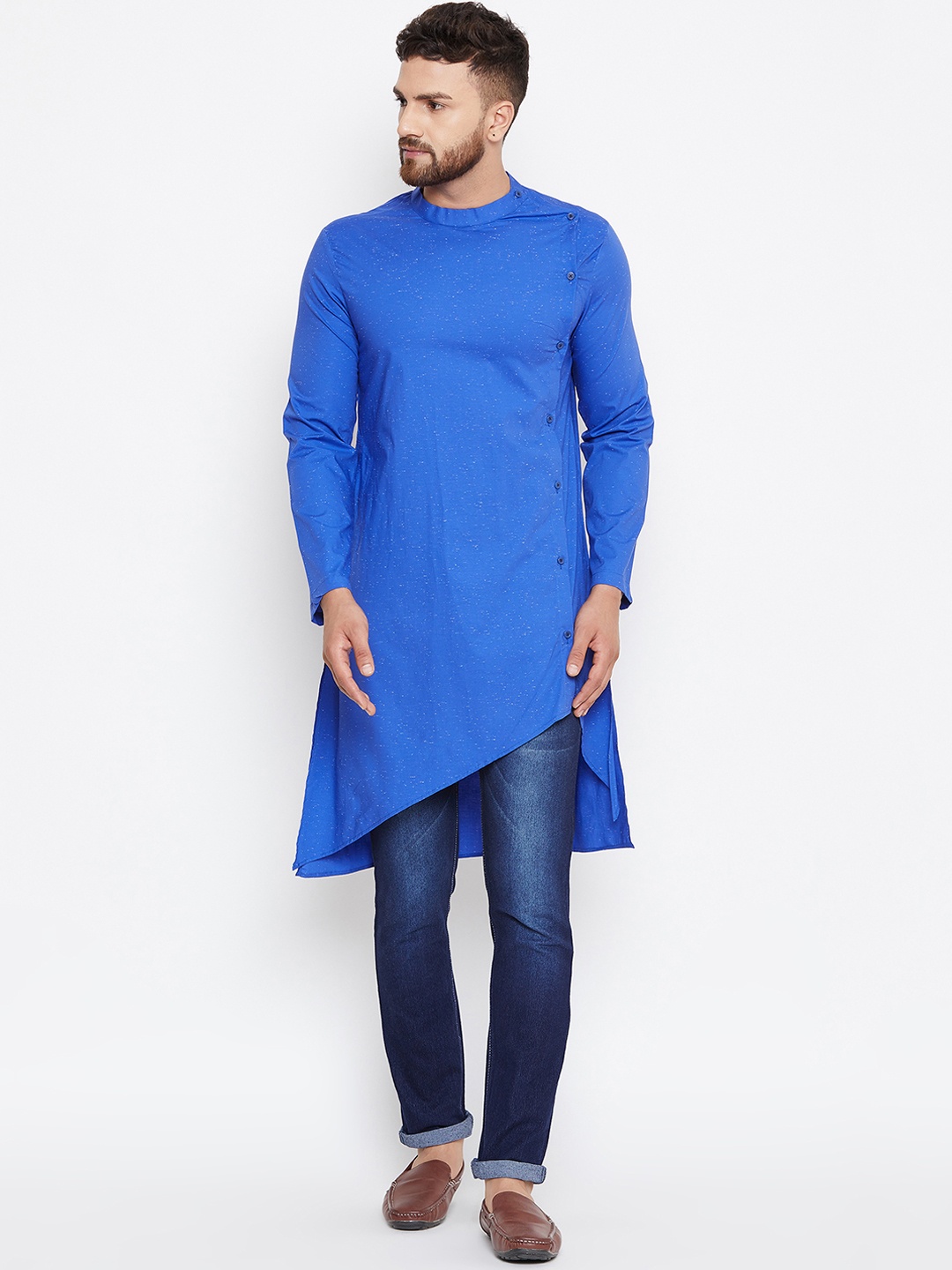 

even Men Blue Woven Design Asymmetric Straight Kurta