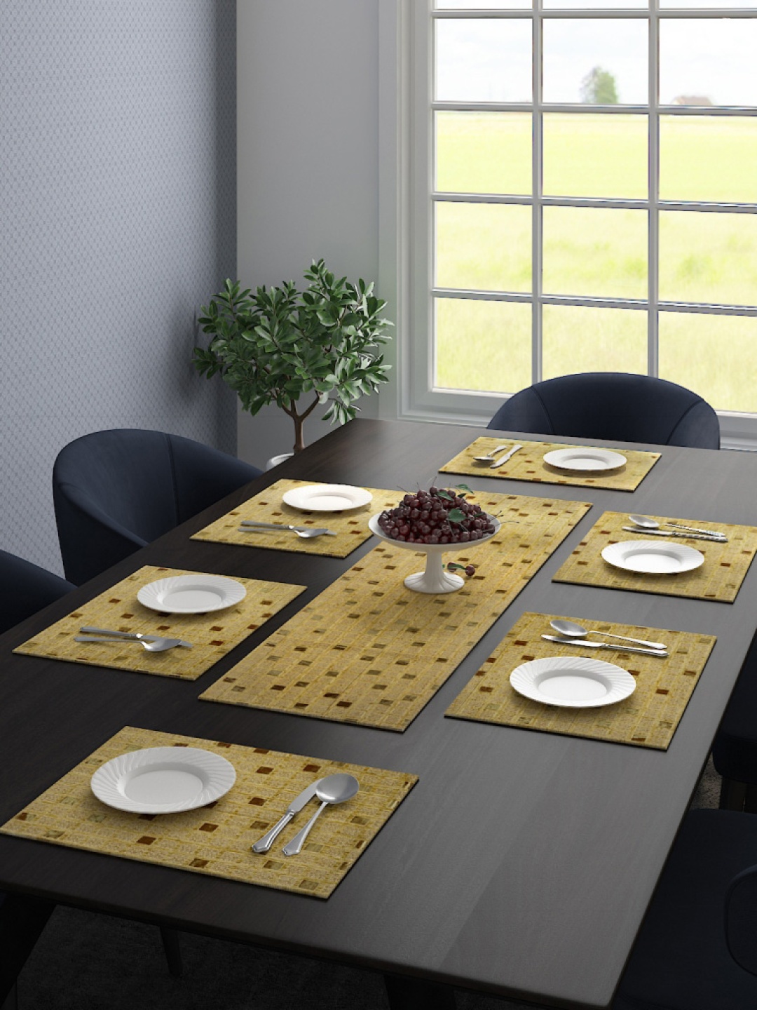 

Saral Home Set of 7 Gold-Toned & Mustard Brown Printed Table Placemats, Beige