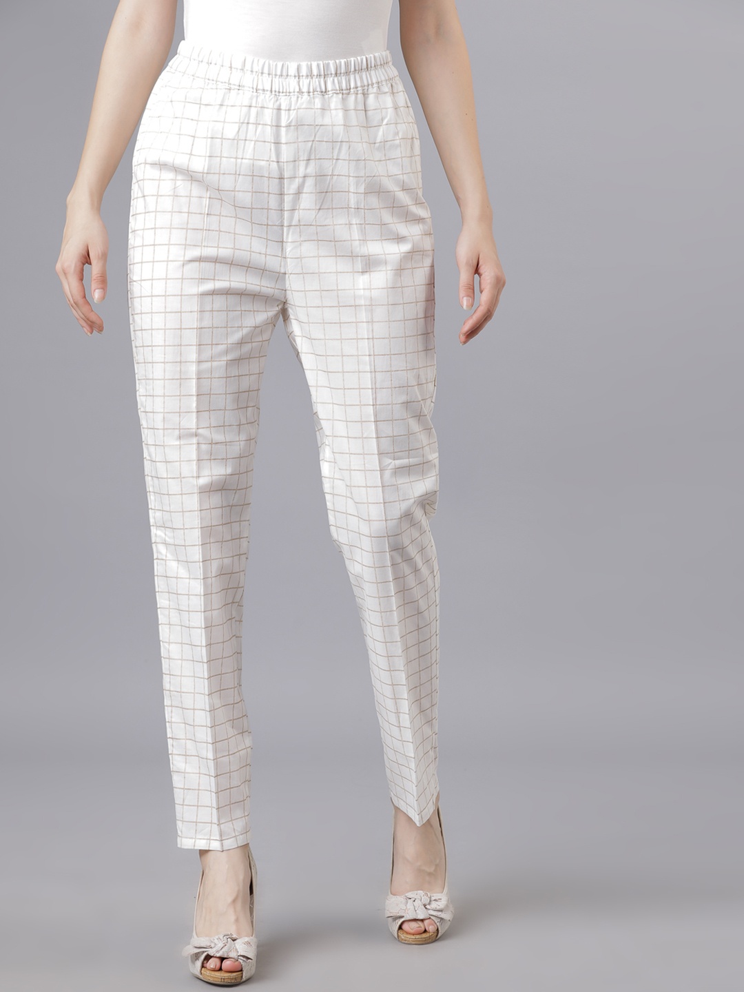 

Vishudh Women Off-White Checked Straight Pants