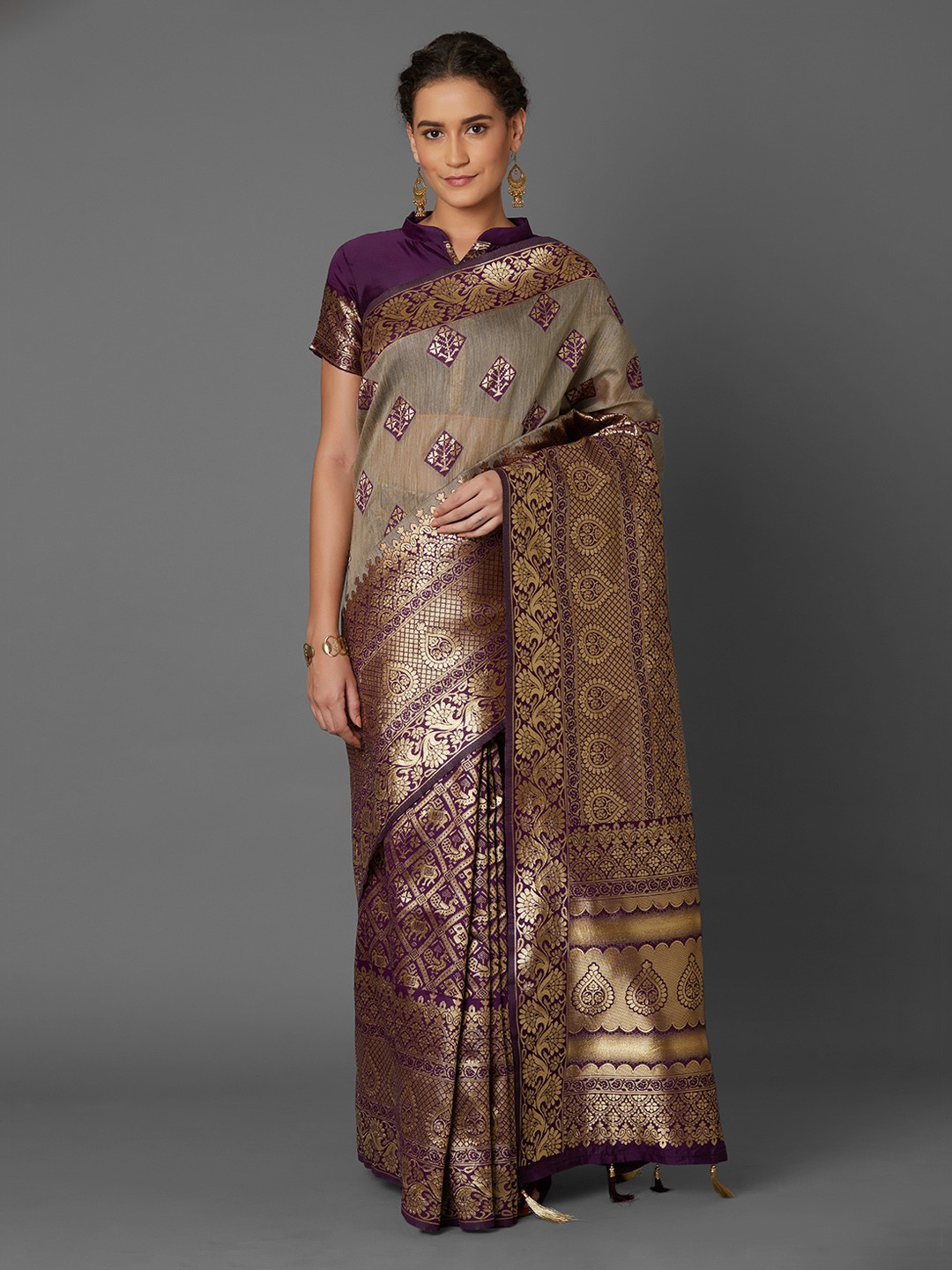 

Mitera Grey & Purple Silk Blend Woven Design Kanjeevaram Saree