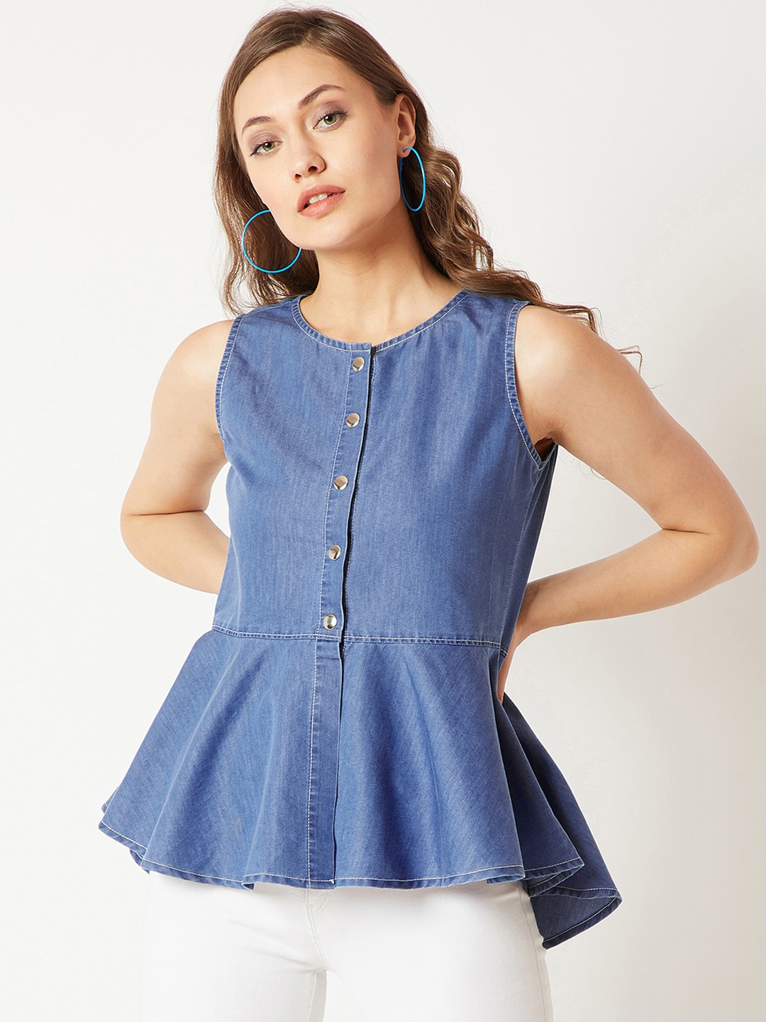 

Miss Chase Women Light Weight Solid Peplum Denim Pure Cotton Top, Blue