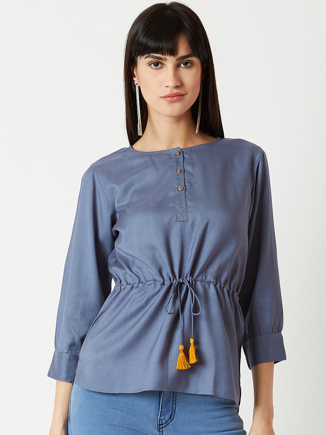 

Miss Chase Women Grey Solid Cinched Waist Pure Cotton Top