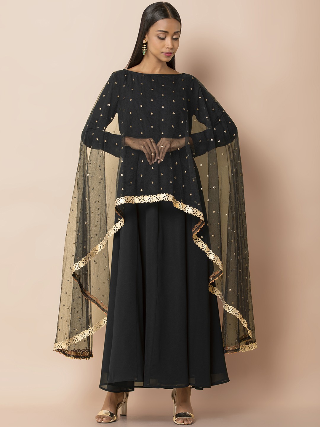 

INDYA Women Black & Gold-Toned Embellished Maxi Dress