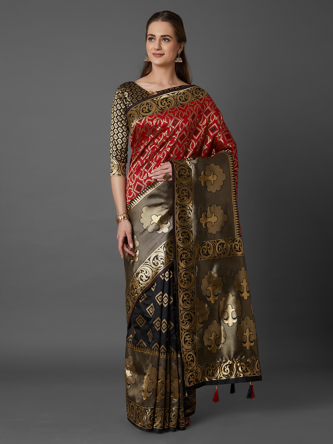 

Mitera Red & Black Silk Blend Woven Design Kanjeevaram Saree