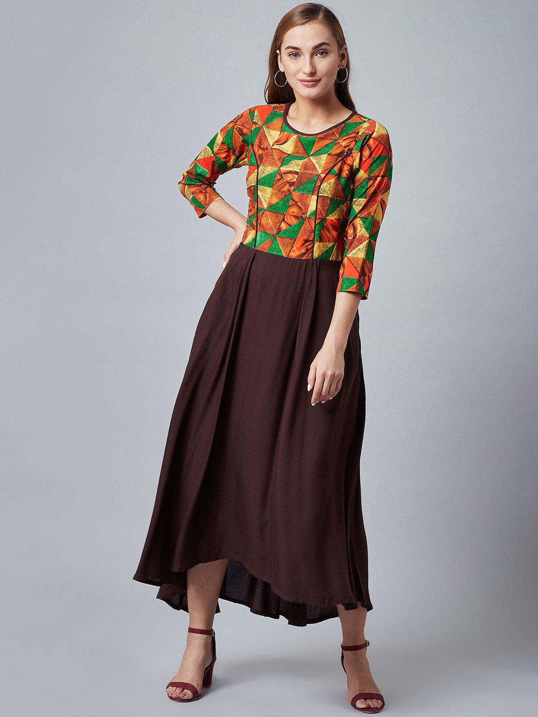 

Athena Women Brown & Green Printed Fit and Flare Dress