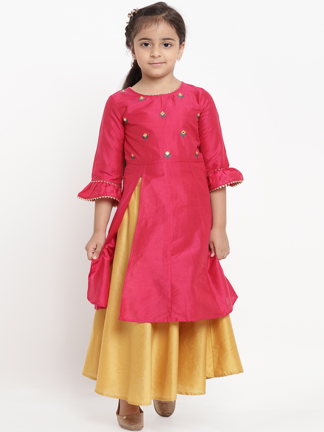 

Bitiya by Bhama Girls Pink & Yellow Embroidered Kurta with Palazzos