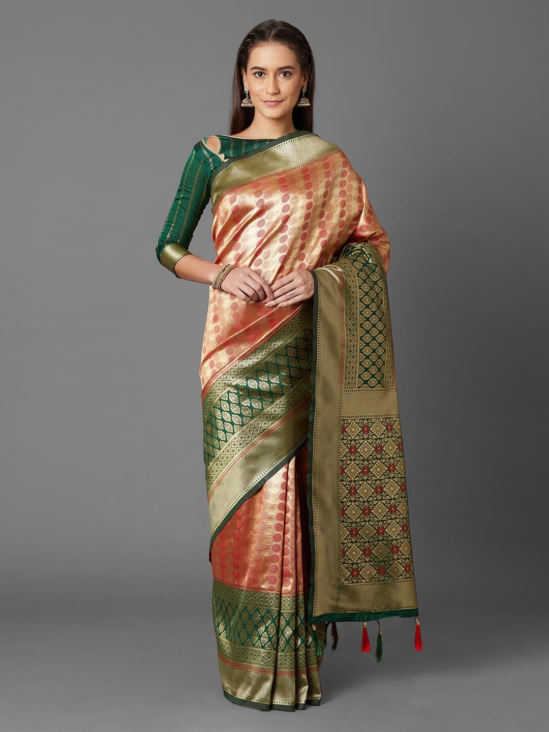 Mitera Pink & Green Silk Blend Woven Design Kanjeevaram Saree