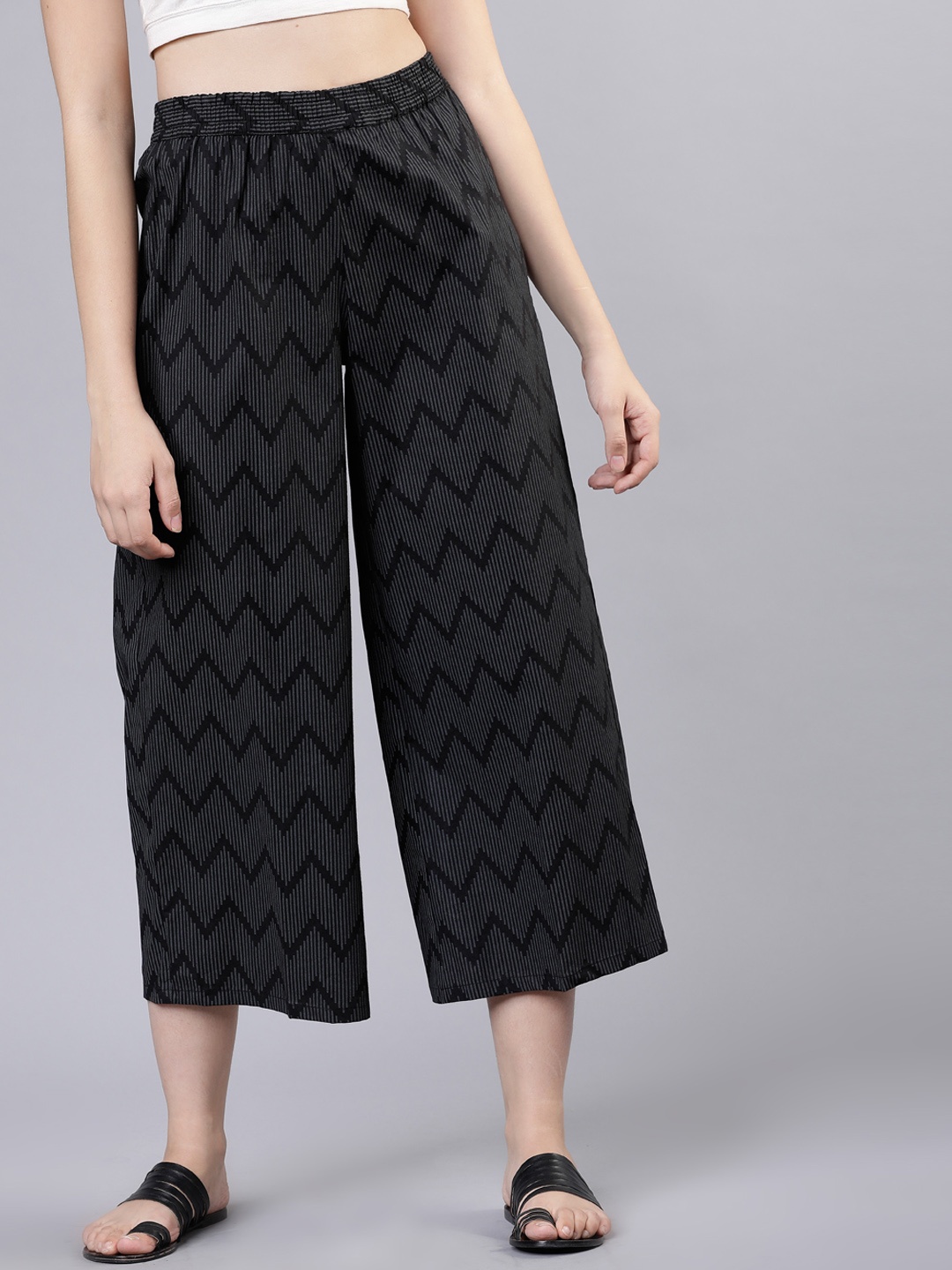 

Vishudh Women Charcoal & Black Printed Flared Palazzos
