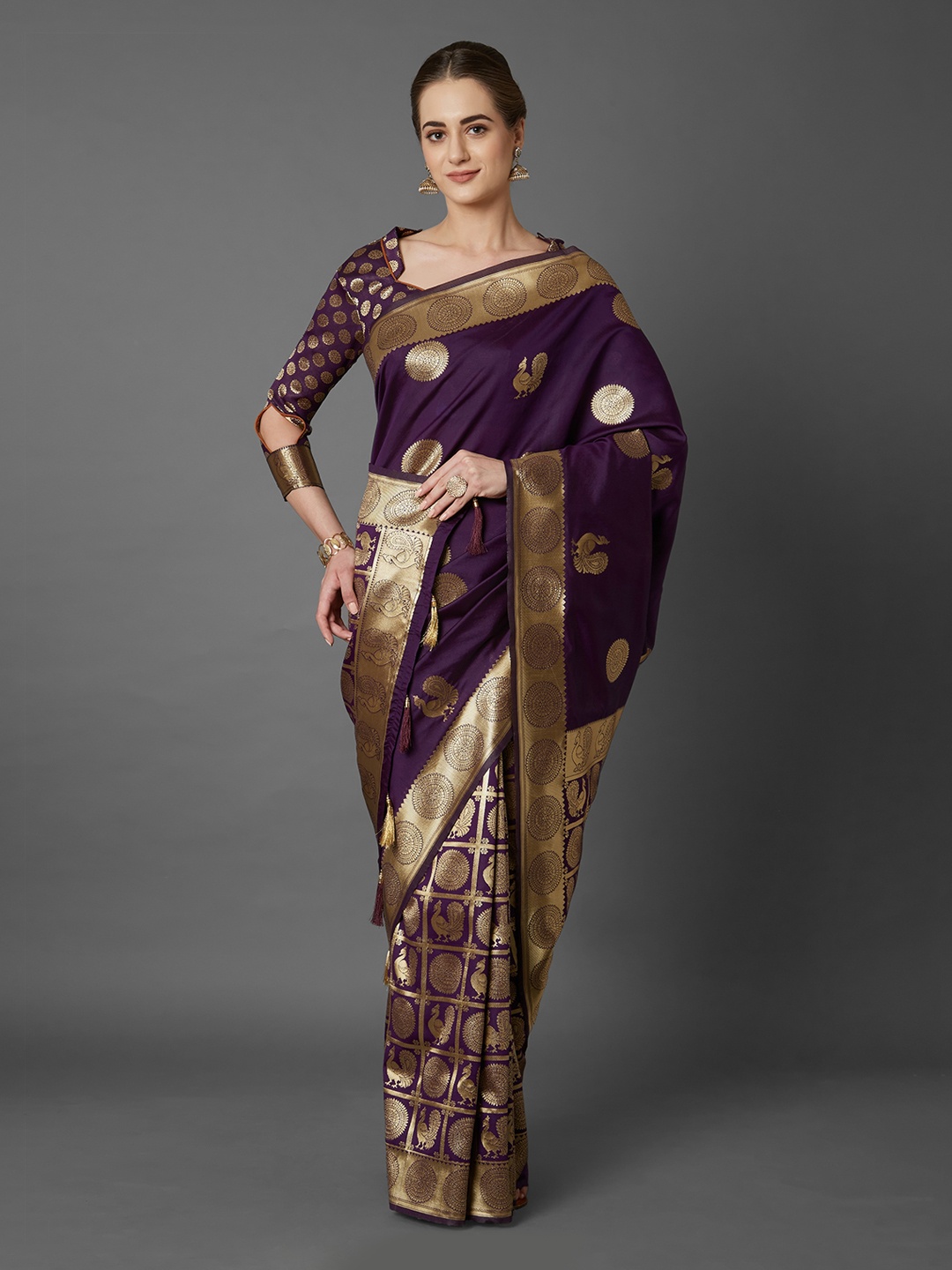 

Mitera Purple Silk Blend Woven Design Kanjeevaram Saree