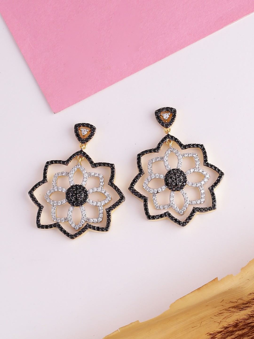 

Voylla Gold-Toned & Black Handcrafted Floral Drop Earrings