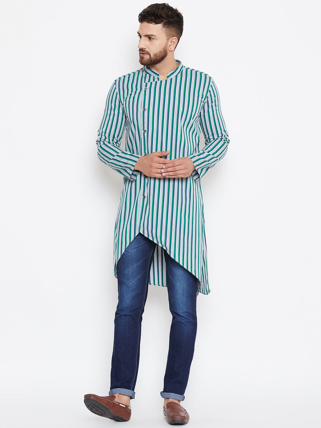 

even Men Blue & White Striped Asymmetric Straight Kurta
