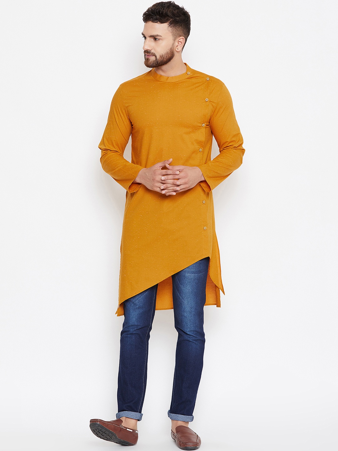 

even Men Mustard Yellow Woven Design Asymmetric Straight Kurta