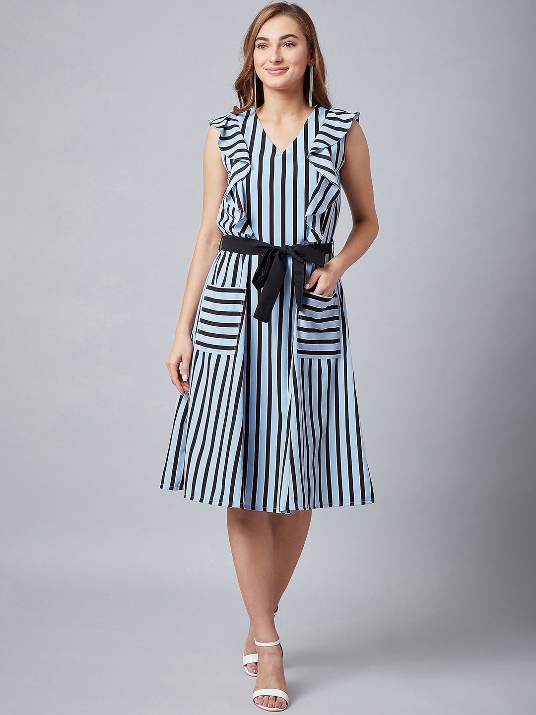 

Athena Women Blue Striped Fit and Flare Dress