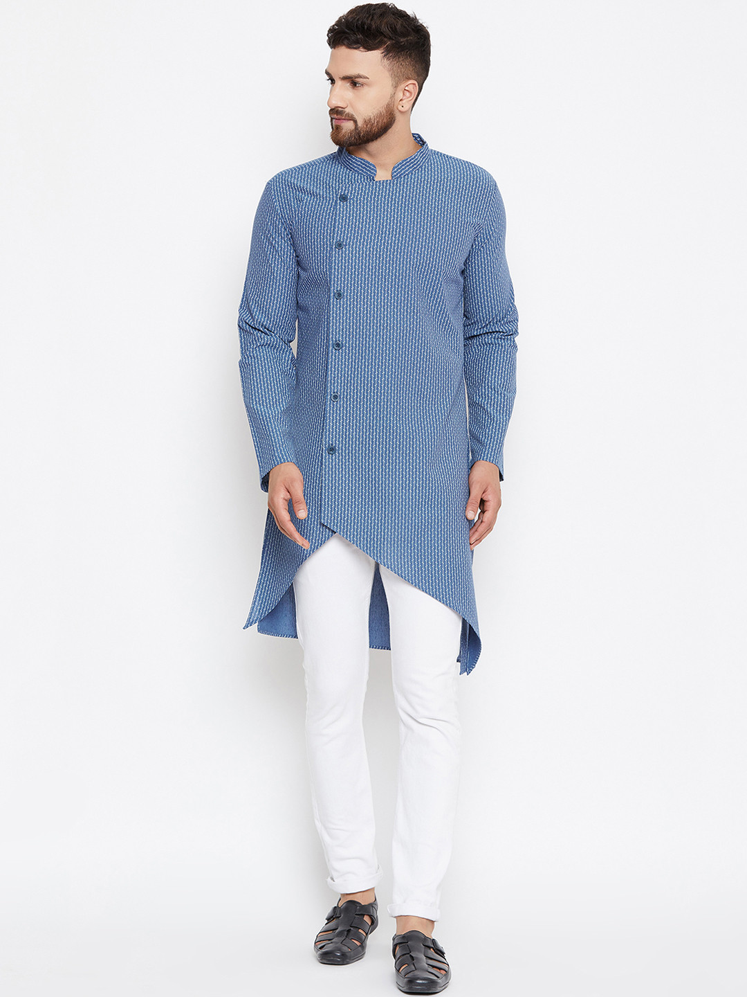 

even Men Blue Striped Asymmetric Straight Kurta