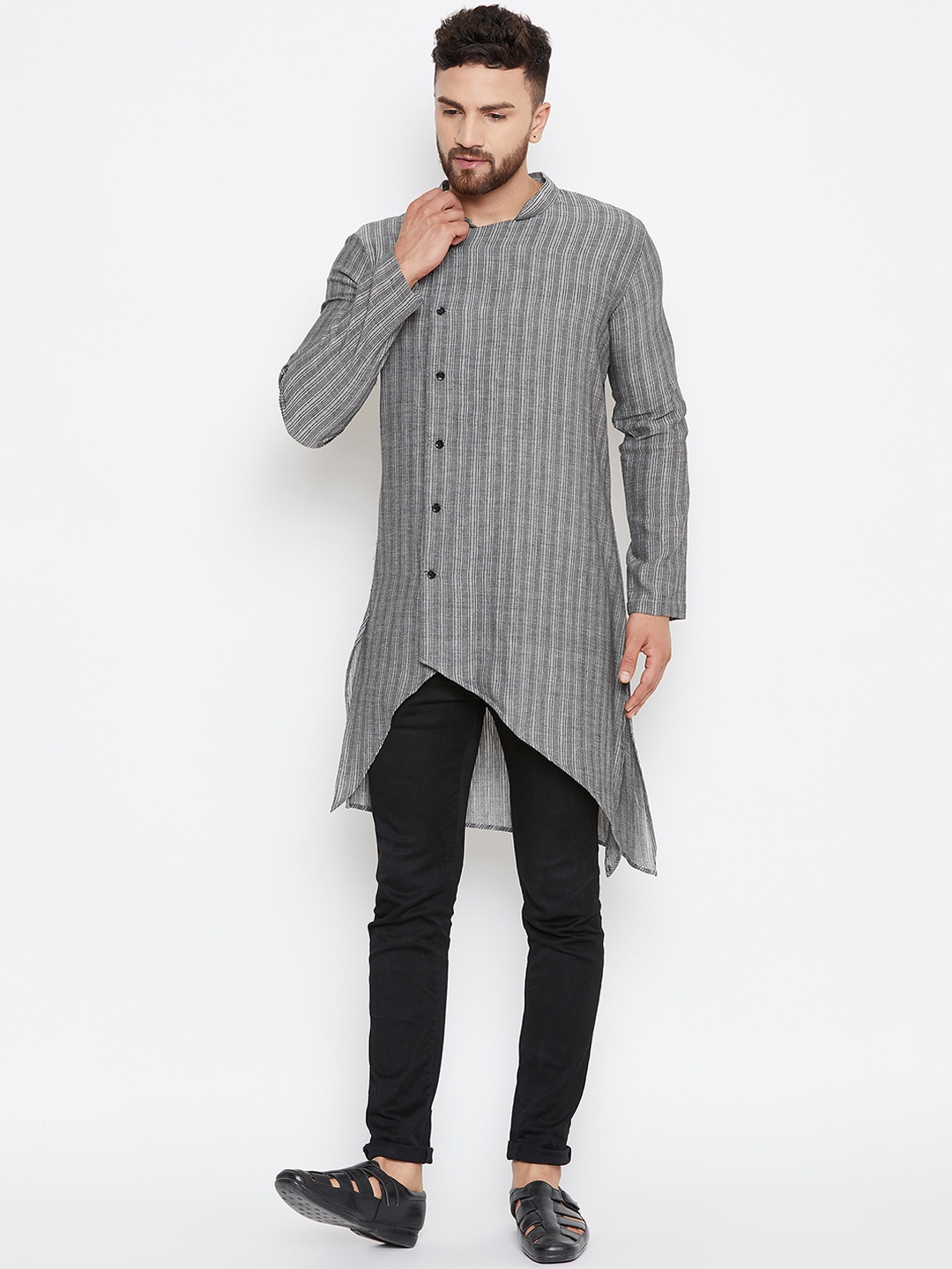 

even Men Grey Striped Asymmetric Straight Kurta